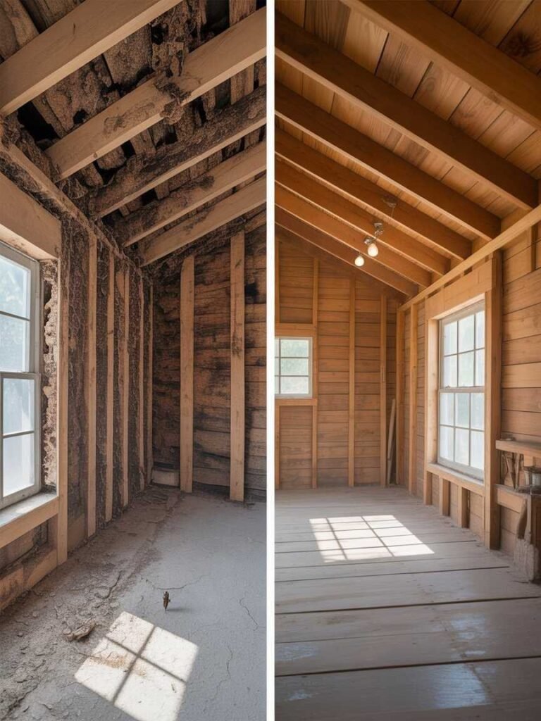 Termite damage before and after professional termite control service in Bartlett TN